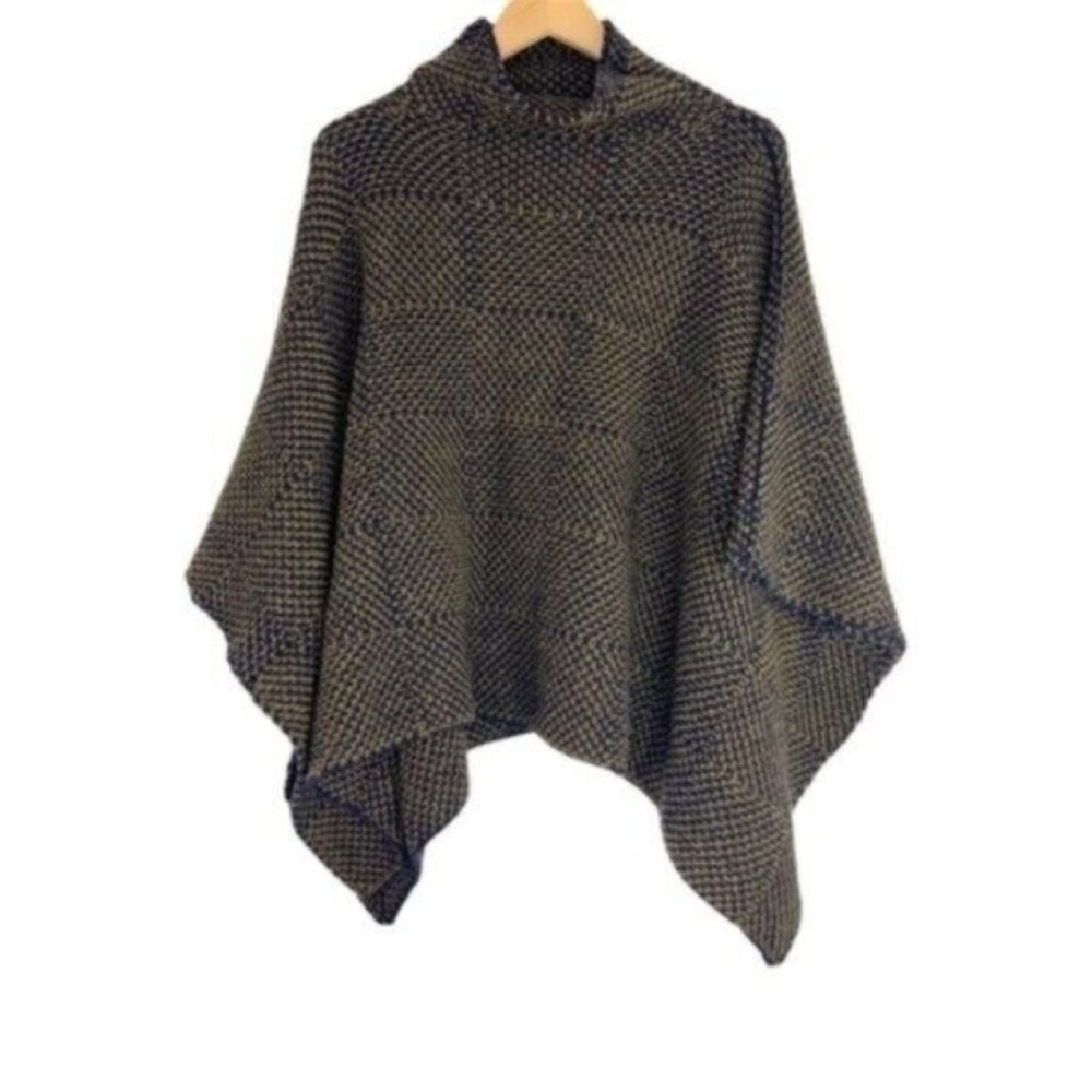 Fisherman Out of Ireland Merino Wool Knit Poncho in Woven Navy and Green